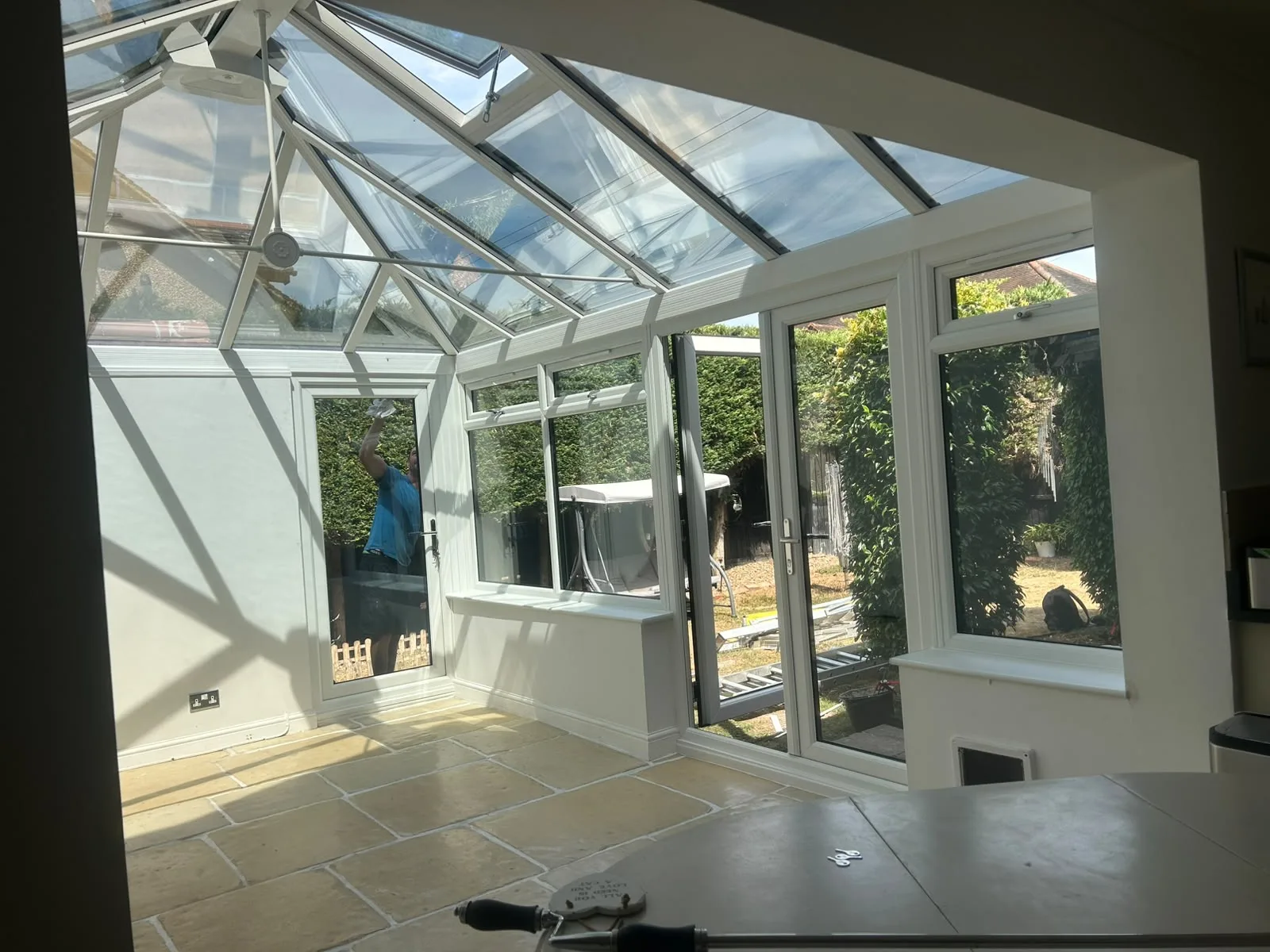 Glass roof with vents open, seen from outside