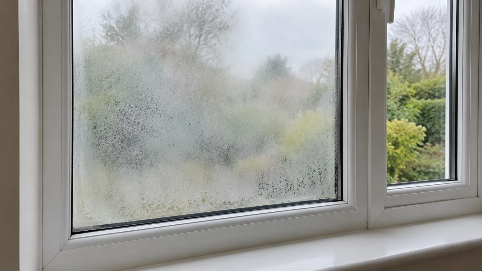 White uPVC window with one pane misted over with condensation, next to a clear pane showing the garden outside